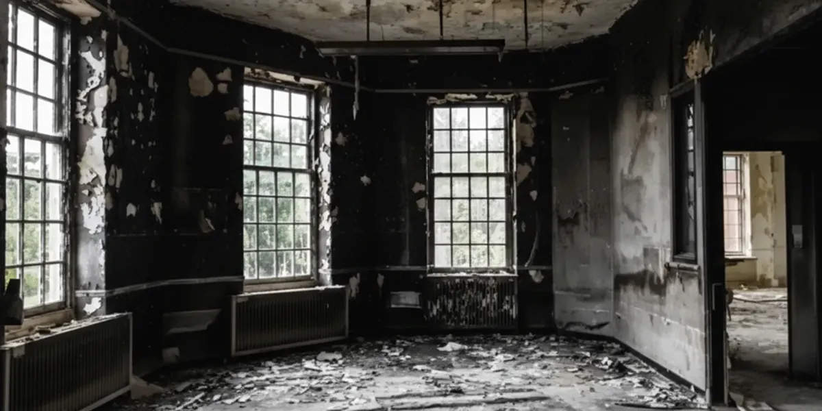 fire damage repair addressing severe interior damage and smoke residue inside a burned home in Detroit, MI