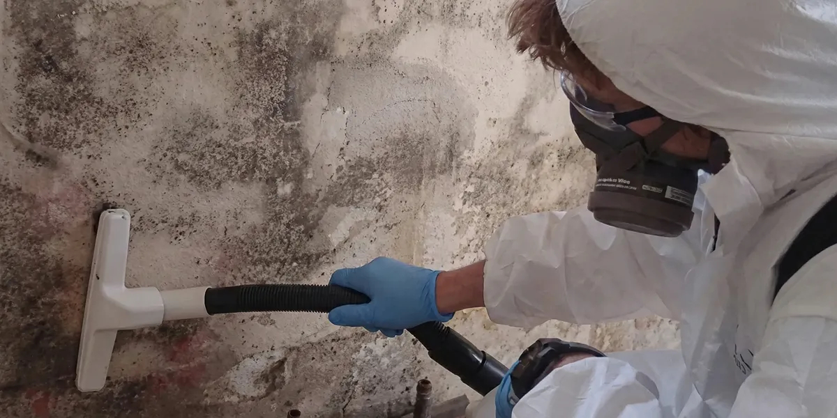 professional mold removal technician wearing protective equipment removing mold from a wall in Detroit, MI