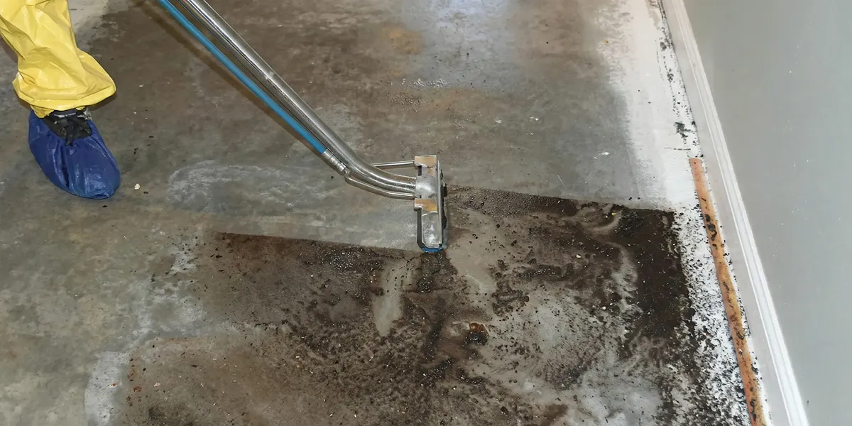 sewage removal technicians extracting contaminated wastewater from a residential floor in Detroit, MI